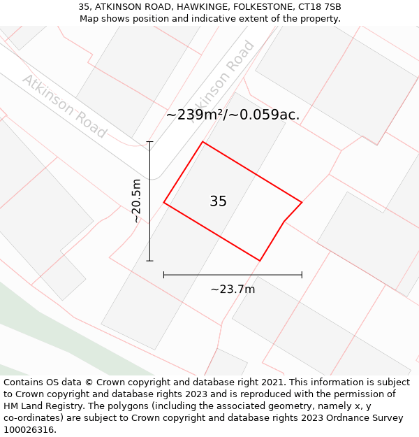 35, ATKINSON ROAD, HAWKINGE, FOLKESTONE, CT18 7SB: Plot and title map