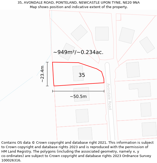 35, AVONDALE ROAD, PONTELAND, NEWCASTLE UPON TYNE, NE20 9NA: Plot and title map