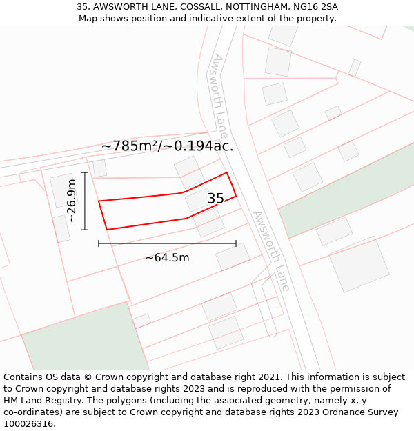 35, AWSWORTH LANE, COSSALL, NOTTINGHAM, NG16 2SA: Plot and title map