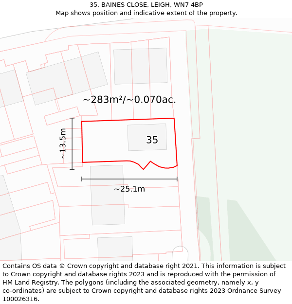 35, BAINES CLOSE, LEIGH, WN7 4BP: Plot and title map