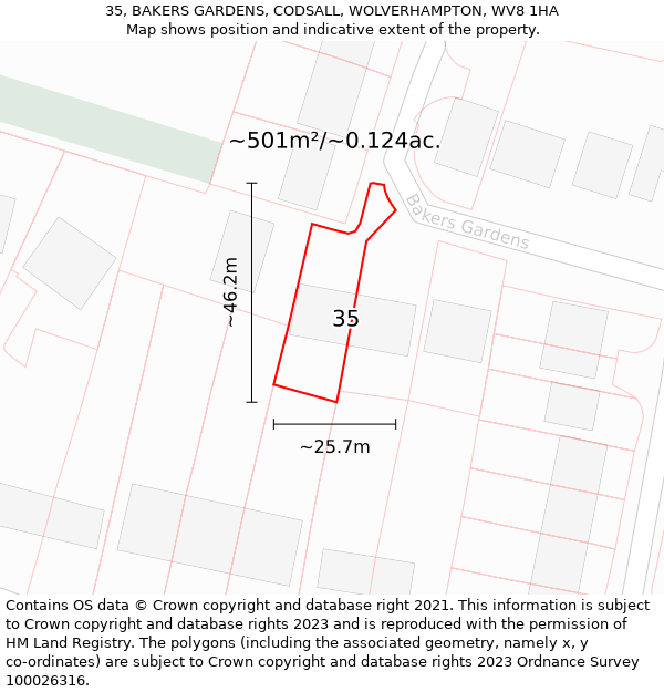 35, BAKERS GARDENS, CODSALL, WOLVERHAMPTON, WV8 1HA: Plot and title map