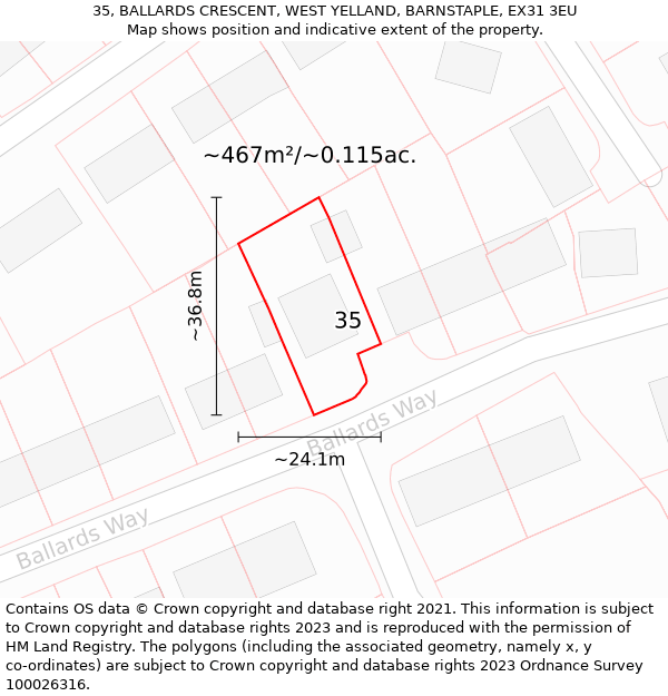 35, BALLARDS CRESCENT, WEST YELLAND, BARNSTAPLE, EX31 3EU: Plot and title map