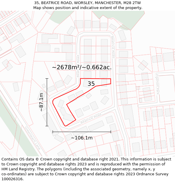 35, BEATRICE ROAD, WORSLEY, MANCHESTER, M28 2TW: Plot and title map