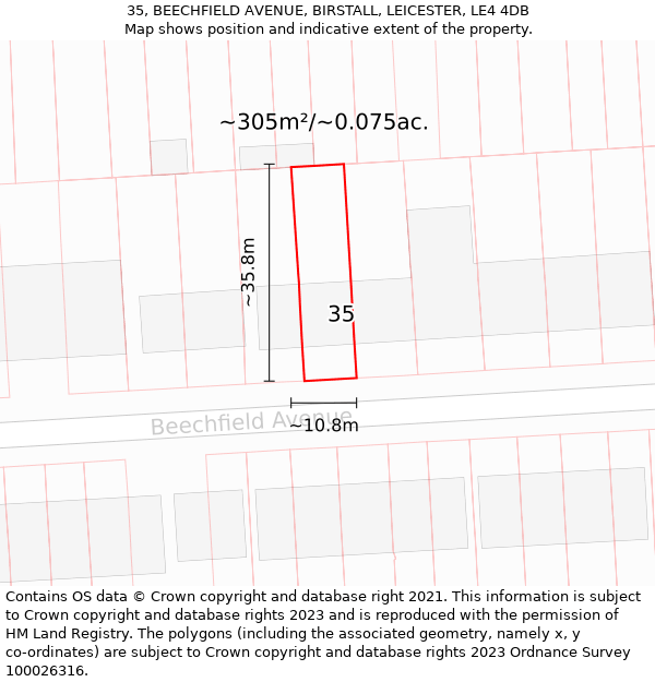 35, BEECHFIELD AVENUE, BIRSTALL, LEICESTER, LE4 4DB: Plot and title map