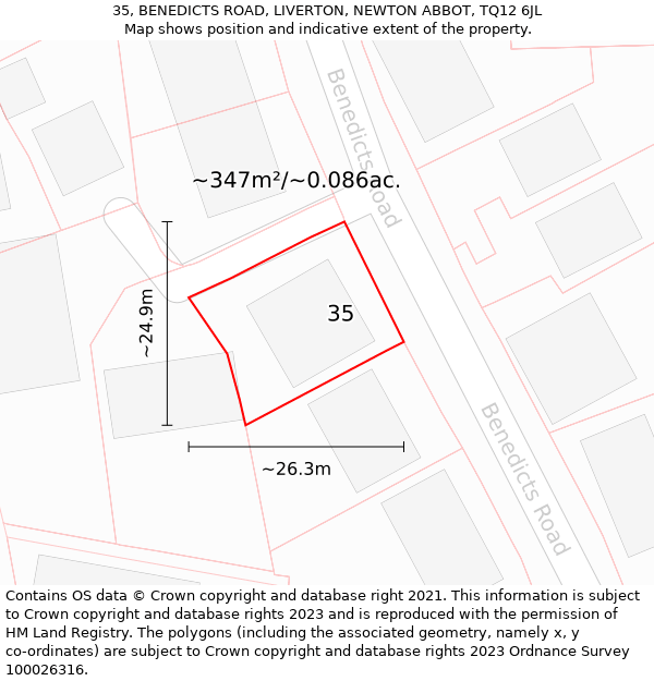 35, BENEDICTS ROAD, LIVERTON, NEWTON ABBOT, TQ12 6JL: Plot and title map