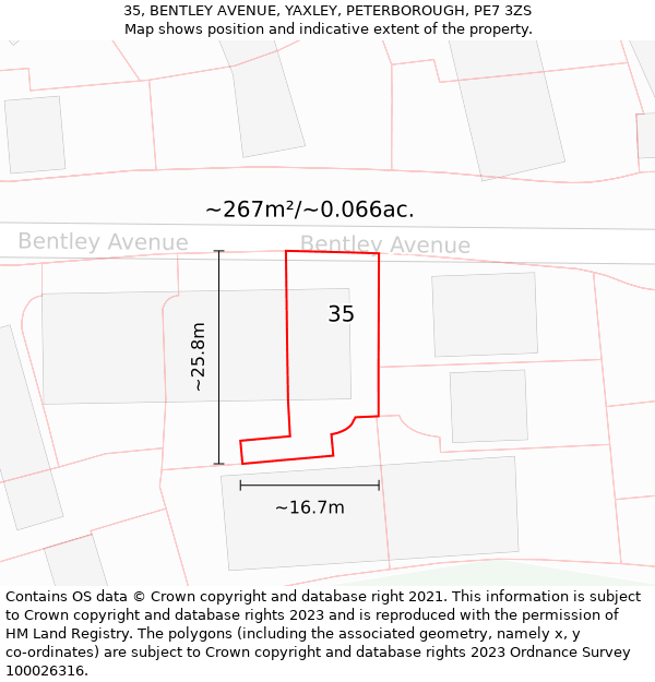 35, BENTLEY AVENUE, YAXLEY, PETERBOROUGH, PE7 3ZS: Plot and title map