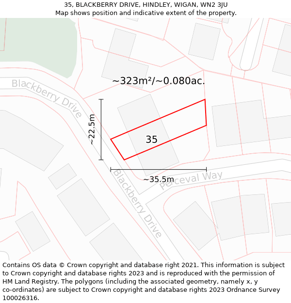 35, BLACKBERRY DRIVE, HINDLEY, WIGAN, WN2 3JU: Plot and title map