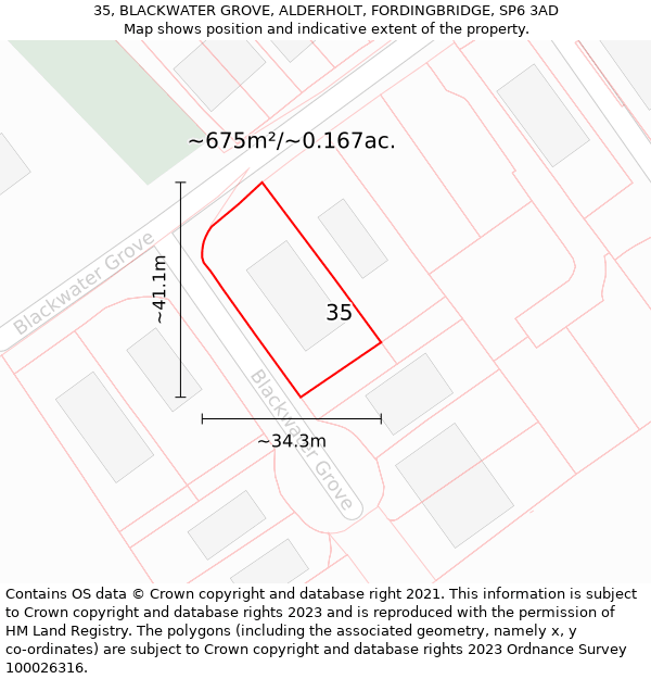 35, BLACKWATER GROVE, ALDERHOLT, FORDINGBRIDGE, SP6 3AD: Plot and title map