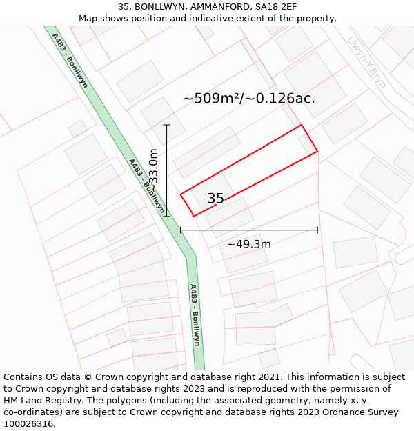 35, BONLLWYN, AMMANFORD, SA18 2EF: Plot and title map