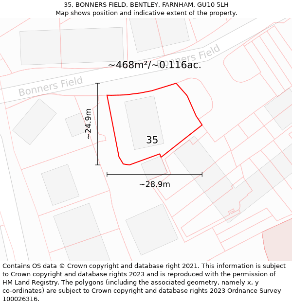 35, BONNERS FIELD, BENTLEY, FARNHAM, GU10 5LH: Plot and title map