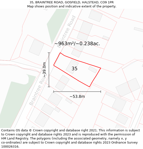 35, BRAINTREE ROAD, GOSFIELD, HALSTEAD, CO9 1PR: Plot and title map