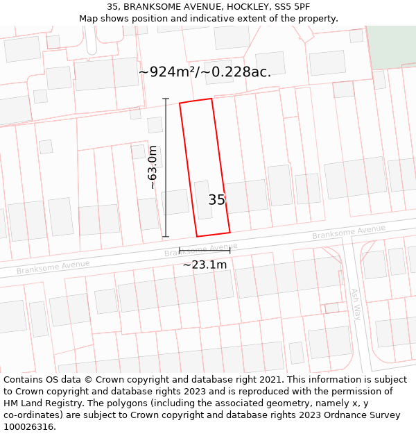 35, BRANKSOME AVENUE, HOCKLEY, SS5 5PF: Plot and title map