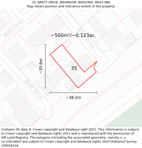 35, BRETT DRIVE, BROMHAM, BEDFORD, MK43 8RE: Plot and title map