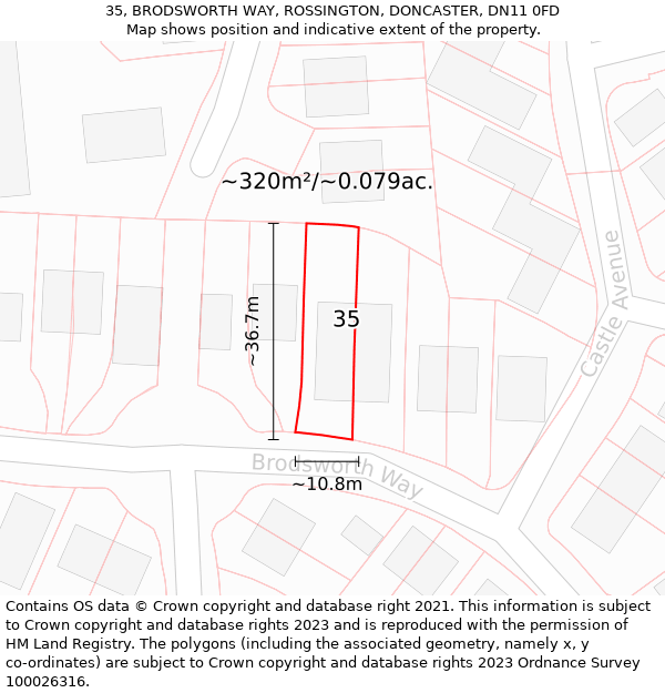 35, BRODSWORTH WAY, ROSSINGTON, DONCASTER, DN11 0FD: Plot and title map