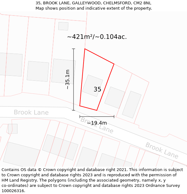 35, BROOK LANE, GALLEYWOOD, CHELMSFORD, CM2 8NL: Plot and title map