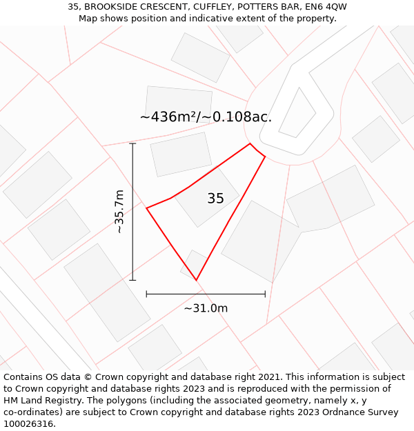 35, BROOKSIDE CRESCENT, CUFFLEY, POTTERS BAR, EN6 4QW: Plot and title map