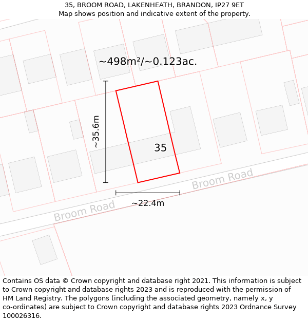 35, BROOM ROAD, LAKENHEATH, BRANDON, IP27 9ET: Plot and title map