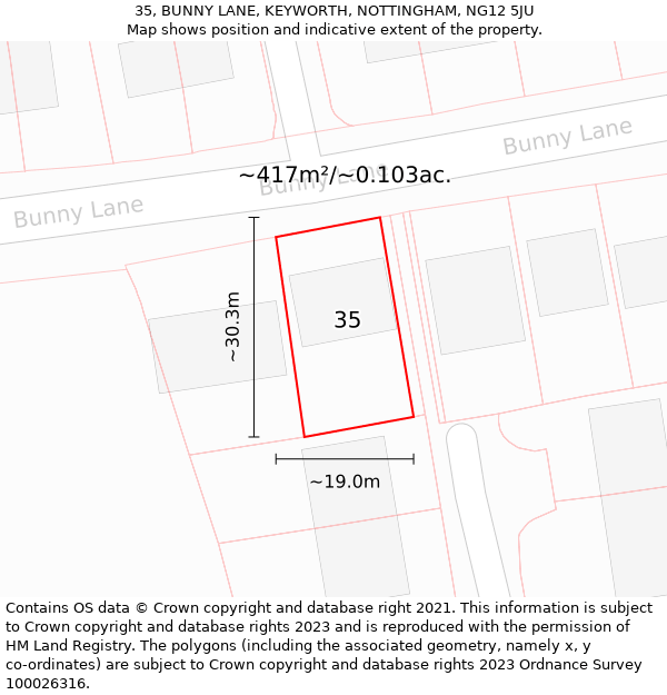 35, BUNNY LANE, KEYWORTH, NOTTINGHAM, NG12 5JU: Plot and title map