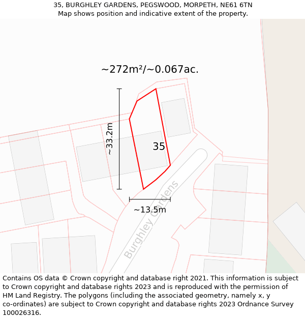 35, BURGHLEY GARDENS, PEGSWOOD, MORPETH, NE61 6TN: Plot and title map