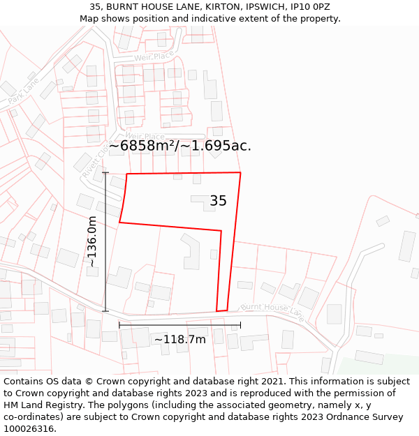 35, BURNT HOUSE LANE, KIRTON, IPSWICH, IP10 0PZ: Plot and title map