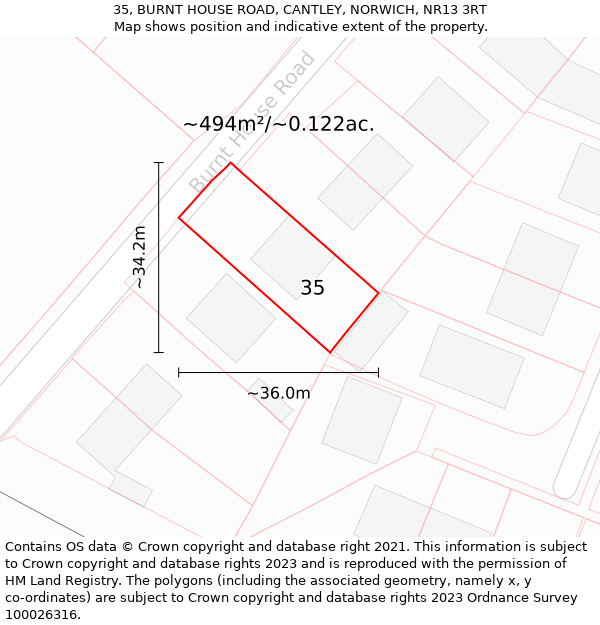 35, BURNT HOUSE ROAD, CANTLEY, NORWICH, NR13 3RT: Plot and title map