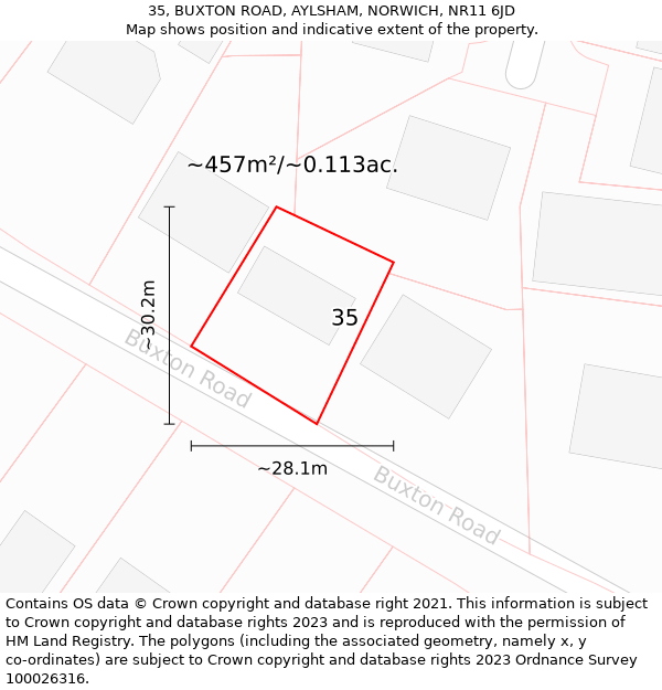 35, BUXTON ROAD, AYLSHAM, NORWICH, NR11 6JD: Plot and title map