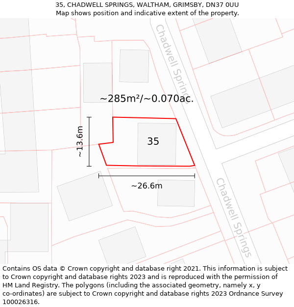 35, CHADWELL SPRINGS, WALTHAM, GRIMSBY, DN37 0UU: Plot and title map