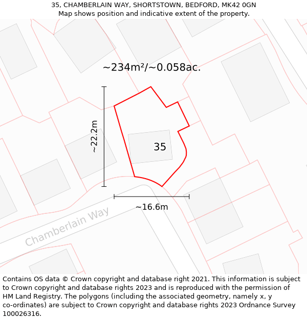 35, CHAMBERLAIN WAY, SHORTSTOWN, BEDFORD, MK42 0GN: Plot and title map