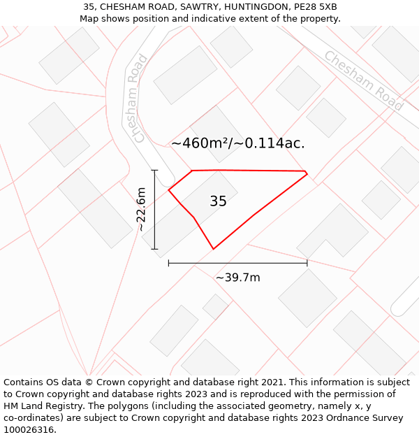 35, CHESHAM ROAD, SAWTRY, HUNTINGDON, PE28 5XB: Plot and title map