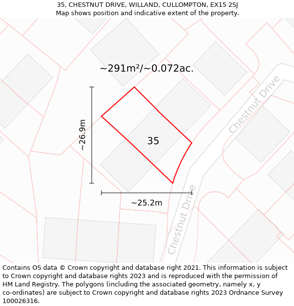 35, CHESTNUT DRIVE, WILLAND, CULLOMPTON, EX15 2SJ: Plot and title map