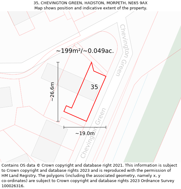 35, CHEVINGTON GREEN, HADSTON, MORPETH, NE65 9AX: Plot and title map