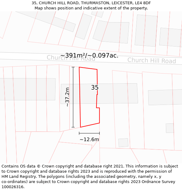 35, CHURCH HILL ROAD, THURMASTON, LEICESTER, LE4 8DF: Plot and title map