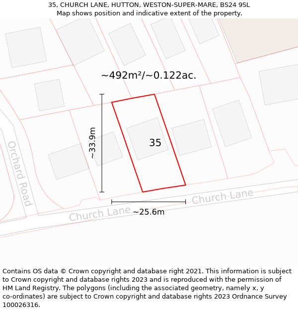 35, CHURCH LANE, HUTTON, WESTON-SUPER-MARE, BS24 9SL: Plot and title map