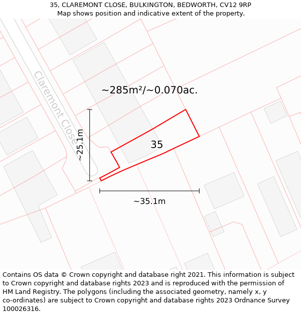 35, CLAREMONT CLOSE, BULKINGTON, BEDWORTH, CV12 9RP: Plot and title map