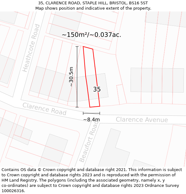 35, CLARENCE ROAD, STAPLE HILL, BRISTOL, BS16 5ST: Plot and title map