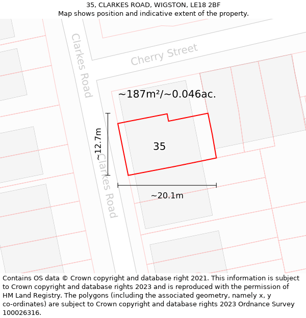 35, CLARKES ROAD, WIGSTON, LE18 2BF: Plot and title map