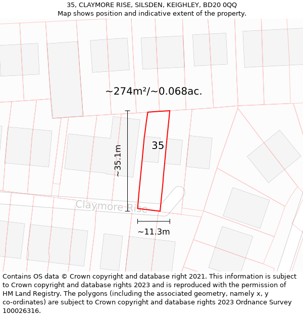 35, CLAYMORE RISE, SILSDEN, KEIGHLEY, BD20 0QQ: Plot and title map