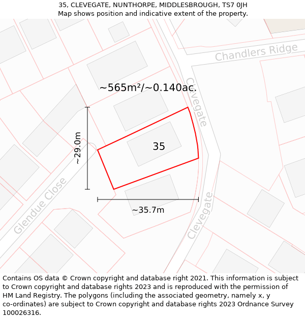 35, CLEVEGATE, NUNTHORPE, MIDDLESBROUGH, TS7 0JH: Plot and title map