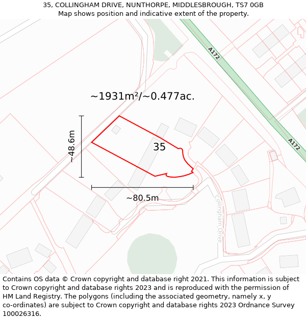 35, COLLINGHAM DRIVE, NUNTHORPE, MIDDLESBROUGH, TS7 0GB: Plot and title map