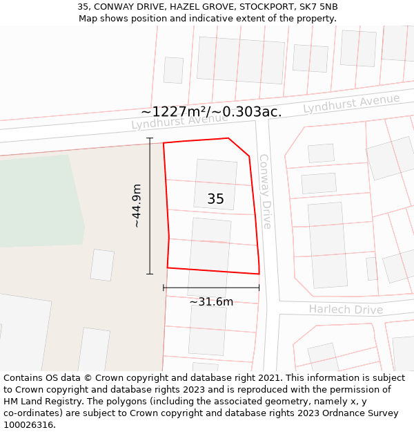 35, CONWAY DRIVE, HAZEL GROVE, STOCKPORT, SK7 5NB: Plot and title map