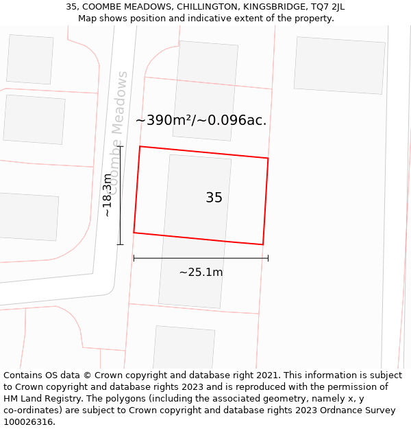 35, COOMBE MEADOWS, CHILLINGTON, KINGSBRIDGE, TQ7 2JL: Plot and title map