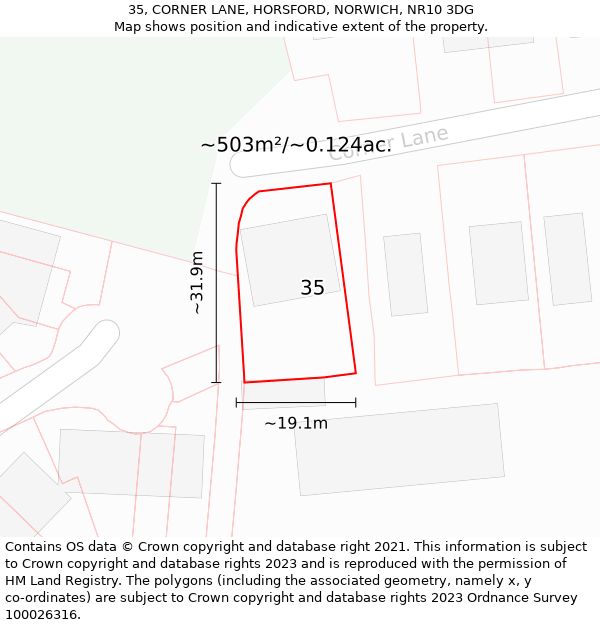 35, CORNER LANE, HORSFORD, NORWICH, NR10 3DG: Plot and title map