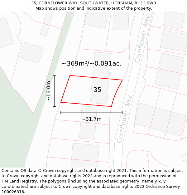 35, CORNFLOWER WAY, SOUTHWATER, HORSHAM, RH13 9WB: Plot and title map