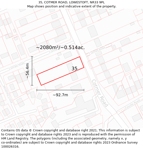 35, COTMER ROAD, LOWESTOFT, NR33 9PL: Plot and title map