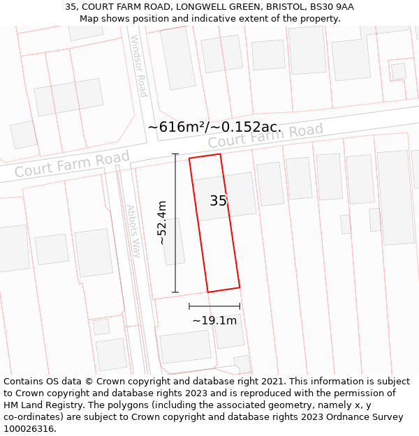 35, COURT FARM ROAD, LONGWELL GREEN, BRISTOL, BS30 9AA: Plot and title map