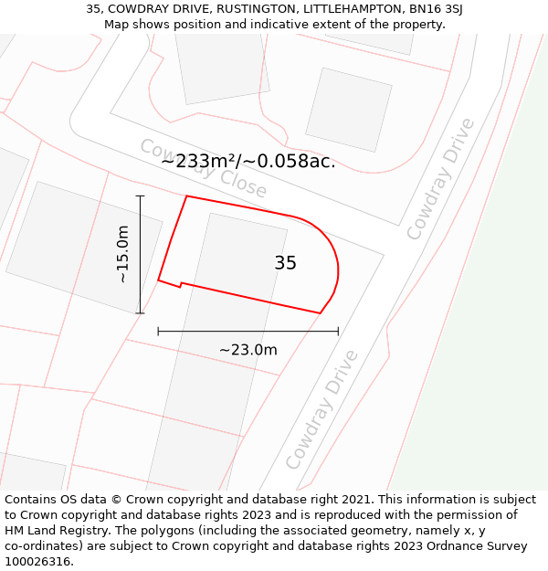 35, COWDRAY DRIVE, RUSTINGTON, LITTLEHAMPTON, BN16 3SJ: Plot and title map