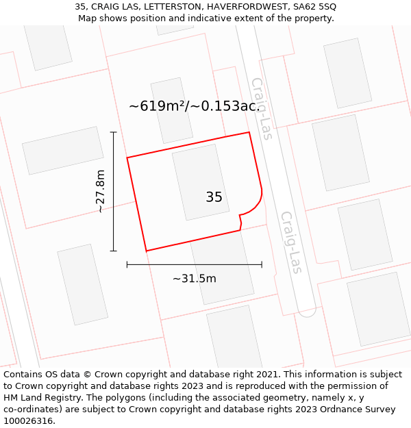 35, CRAIG LAS, LETTERSTON, HAVERFORDWEST, SA62 5SQ: Plot and title map