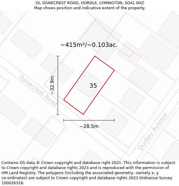 35, DANECREST ROAD, HORDLE, LYMINGTON, SO41 0HZ: Plot and title map