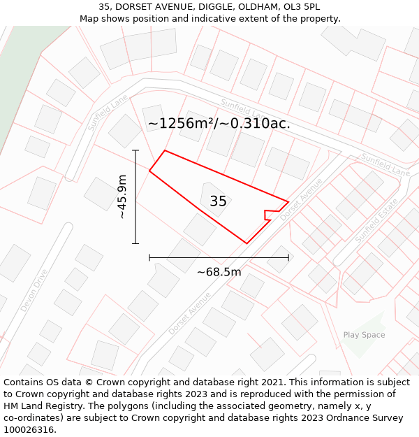 35, DORSET AVENUE, DIGGLE, OLDHAM, OL3 5PL: Plot and title map