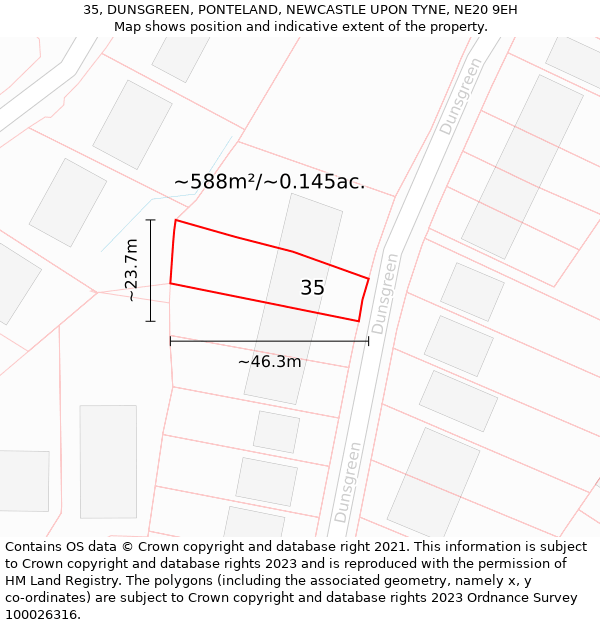 35, DUNSGREEN, PONTELAND, NEWCASTLE UPON TYNE, NE20 9EH: Plot and title map